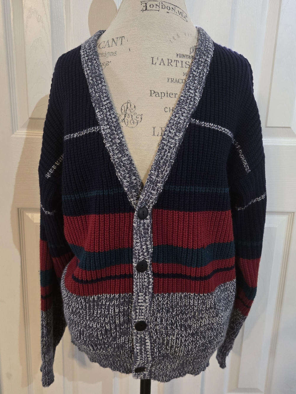 Vintage Botany 500 Men’s Medium Striped Knit Cardigan Sweater Navy Red Gray